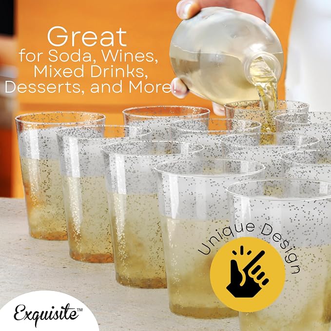 Exquisite Silver Plastic Cups Disposable, Clear Plastic Tumblers 10 Oz. 200 Ct. - Glitter Tumblers, Silver Glitter Cups Disposable For Party, Weddings, Cocktail Glasses & Wine Glasses