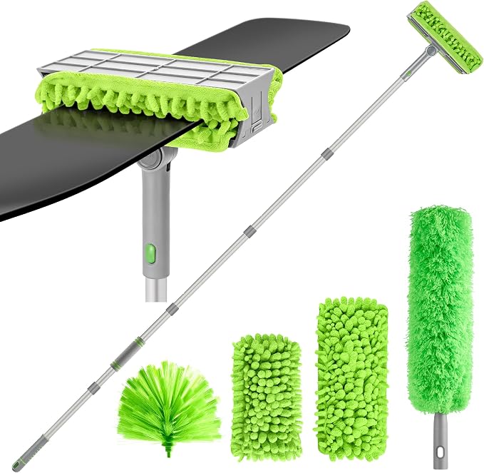 Ceiling Fan Cleaner Duster with 77" Extension Pole, 4-in-1 Reusable Microfiber & Chenille Fan Blade Cleaner, Bendable Fan Duster for Ceiling Fan Blade Blinds Baseboard Cobweb