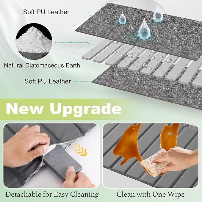 Oxydrily Large Stone Drying Mat for Kitchen Counter, Ultra Absorbent Diatomaceous Earth Mat with PU Leather Cover Fast Drying Collapsible, Dish Mats for Dishes Buttles Cups Countertop Gray 23.6"x15.3"