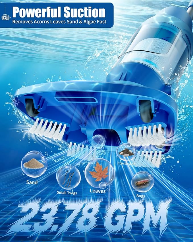 Cordless Pool Vacuum for Inground & Above Ground Pools: 23.8 GPM Powerful Stable Suction, Telescopic Pole up to 90.6", 60-Min Runtime, Extra-Large Filter & Rechargeable Pool Cleaner for Spas/Hot Tubs