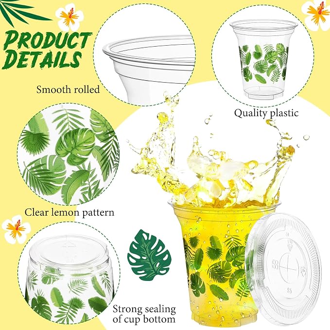 Umigy 100 Pack Plastic Disposable Cups with Lids and Straws 12 oz Disposable Cups for Juice Water Coffee Summer Party Sports Party Supplies(Palm Leaf)