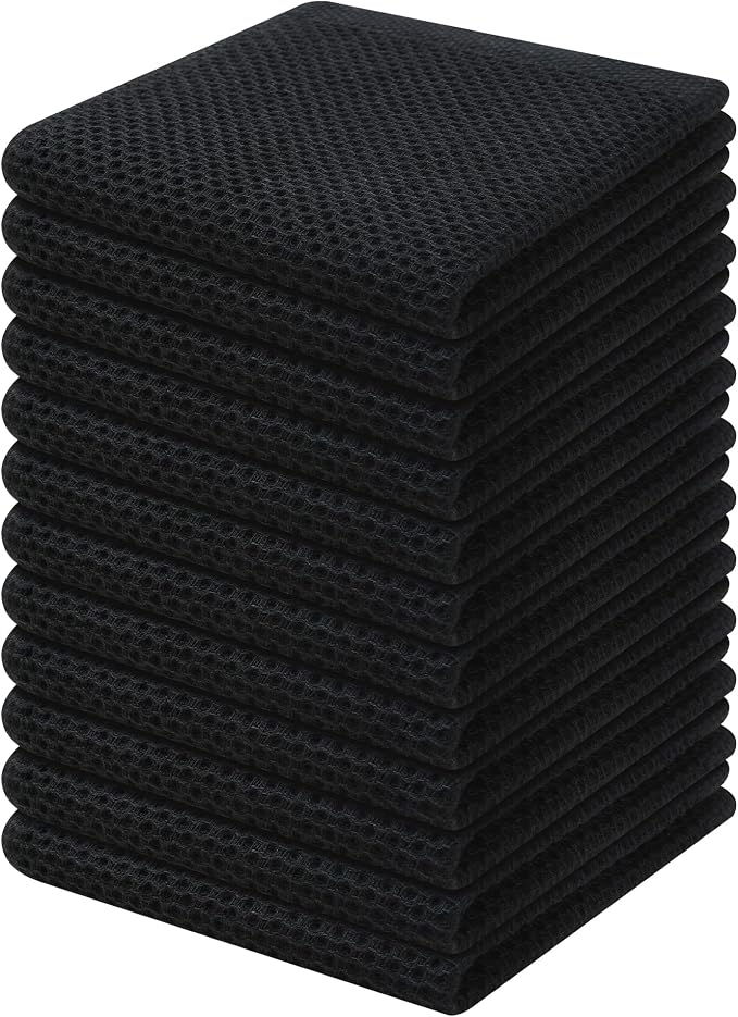 Kitinjoy 100% Cotton Kitchen Dish Cloths, 12 Pack Waffle Weave Ultra Soft Absorbent Dish Towels for Drying Dishes Quick Drying Kitchen Towels Dish Rags, 12 X 12Inch, Black