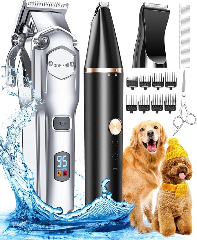 oneisall Dog Grooming Kit for Heavy Thick Hair, with Stainless Steel Blade and Paw Trimmer, Low Noise Rechargeable Cordless Waterproof Dog Clippers for Grooming Animals&Pets