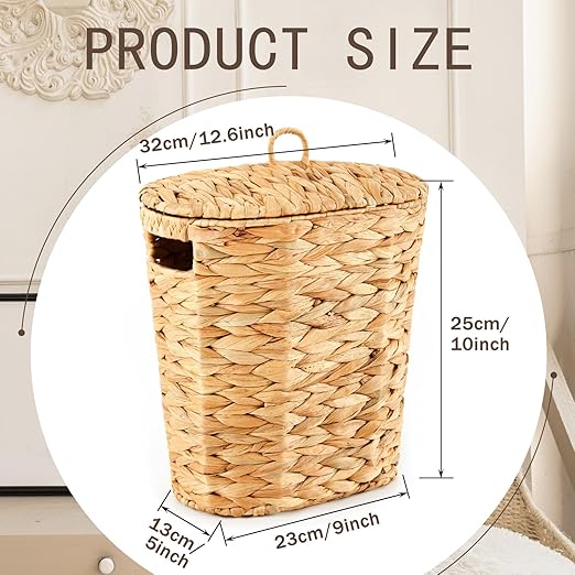 Ctosree 2.5 Gallons Small Wicker Trash Can Woven Wicker Bathroom Waste Basket with Lid Handle Boho Trash Basket with 100 Plastic Garbage Bags for Bedroom Office Laundry(Oval Style, Natural)