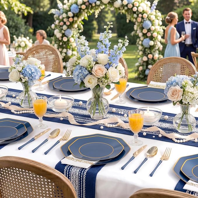 KIRE 140Pcs Blue Plastic Plates with Gold Rim - Gold Disposable Plastic Silverware with Blue Handle&Clear Cups&Hand Napkin - Geometric Party Plates for Memorial Day/Party/Graduation/Father's Day