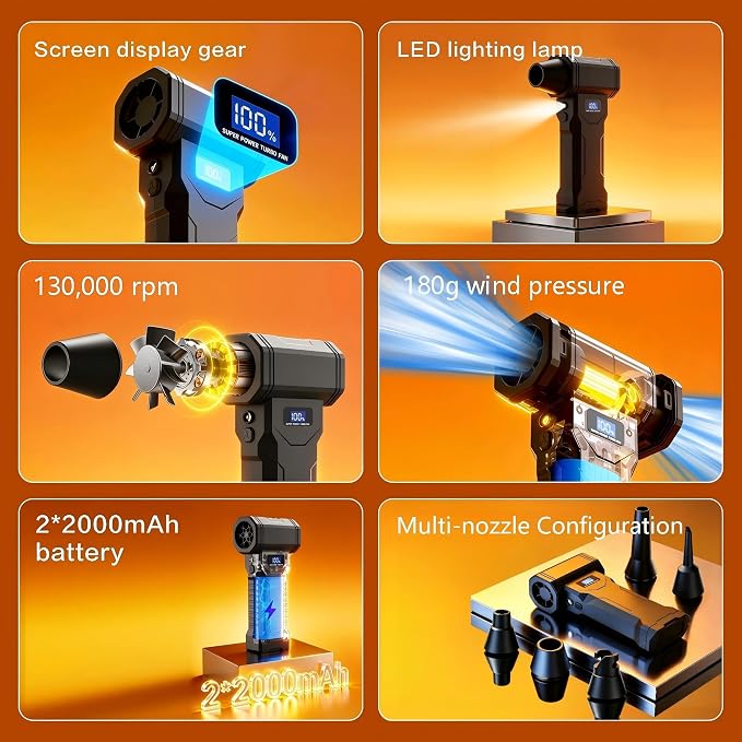 130000RPM Compressed Air Duster, 45m/s Handheld Turbo Blower, 4 Speed Adjustable Mini Electric Air Duster with LED Light & 5 Nozzles for Computer, Keyboard, Car, Camping Cleaning & Inflation
