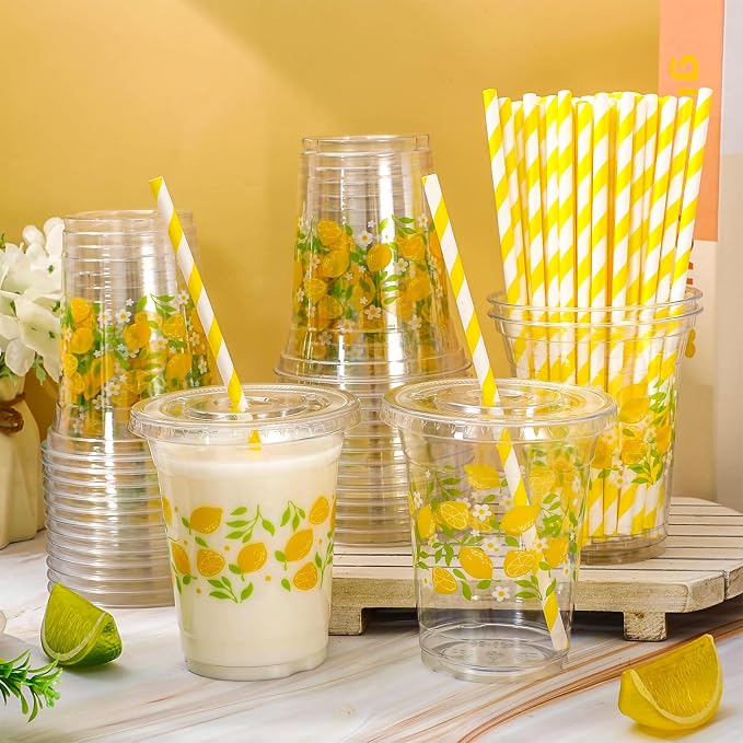 FYSUIMU 50Pcs 12Oz Lemon Floral Plastic Cup with Lid & Straw Yellow Green Flower Clear Disposable Drinking Cup for Summer Party Supplies