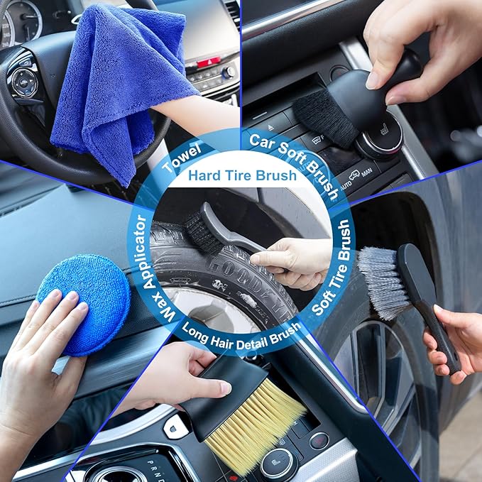 Car Detailing Kit, Car Detailing Brush Set with Wash Mop, Bendable Car Wheel Rim Cleaner Brush Set, Car Detailing Brushes, Car Wash Cleaning Tools Kit for Interior, Exterior, Wheels, Blue