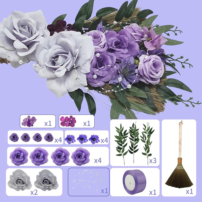 Wedding Broom DIY Purple Jumping Broom for Wedding Ceremony 28 inch Tall Whisk with Artificial Roses/Green Leaves/Ribbons/Pearl