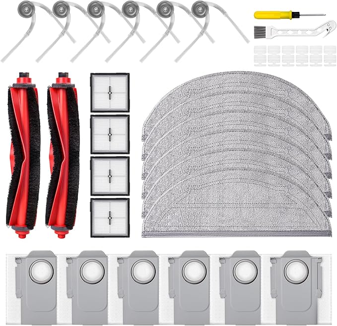 32 Pcs Q10 S5+ Replacement Accessories Compatible with Robo rock Q10 S5 / Q10 S5+ Robot Vacuum, 2 Main Brushes, 6 Mop Pads, 4 HEPA Filters, 6 Scent Tablets, 6 Side Brushes, 6Dust Bags