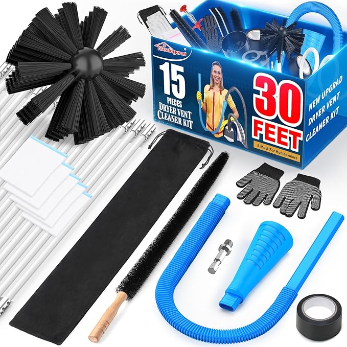Sealegend 15-Piece 25-Feet Dryer Vent Cleaner Kit, Dryer Cleaning Tools, Omnidirectional Dryer Lint Vacuum Attachment, Dryer Vent Brush, Universal Vacuum & Dryer Adapters (Blue)