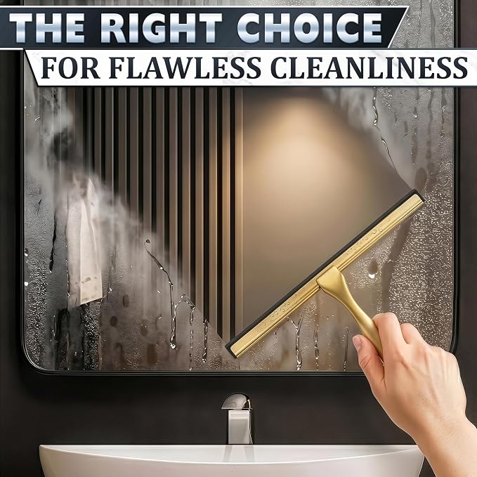 Shower Door Squeegee with Hook - 12" Silicone Blade, Stainless Steel Gold Squeegee for Shower Glass with Adhesive Mount - All-Purpose Bathroom Tile, Mirror, & Window Wiper for Streak-Free Cleaning