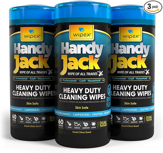 Wipex Handy Jack Heavy Duty Wipes, Dual Texture Cleaning Cloth – Used for Hands, Equipment, Tools, Garden, Automotive, Easily Removes Paint, Oil, Grease, & Dirt, 60 Count (Pack of 3)