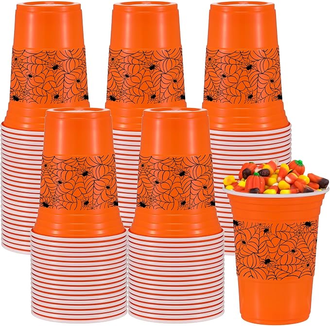 Jingmore 50 Pcs Halloween Plastic Cups, 16 oz Orange Party Disposable Cups Hot Cold Drinks Cups for Party Decoration Supplies Party Favors