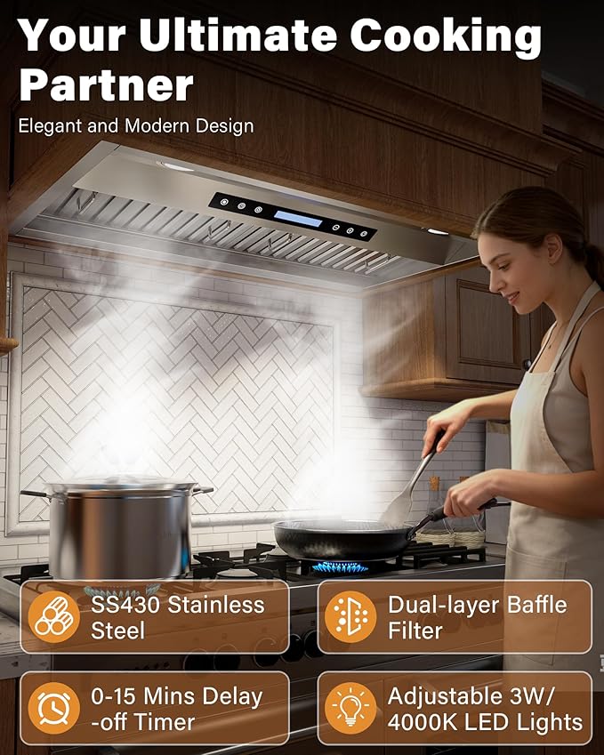 42 inch Stainless Steel Insert Range Hood - 900 CFM, Ultra-Quiet 4-Speed Vent, Touch/Remote Control, LED Lights, Ducted/Ductless Convertible