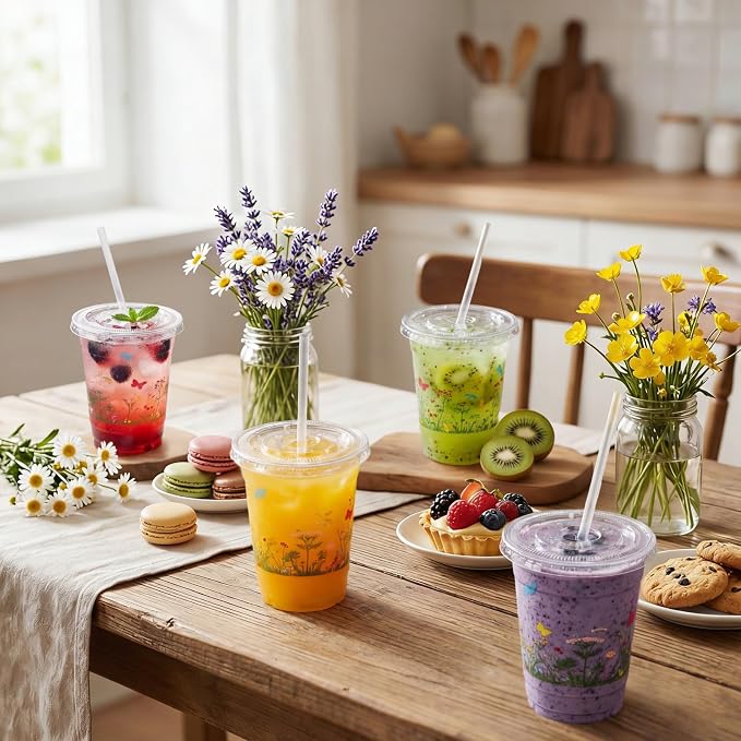 Vesici 100 Pcs Floral Plastic Cups 12 oz Floral Botanical Clear Spring Disposable Cups with Lid and Straws for Spring Summer Birthday Wedding Bridal Baby Shower Party Supplies(Wildflower)