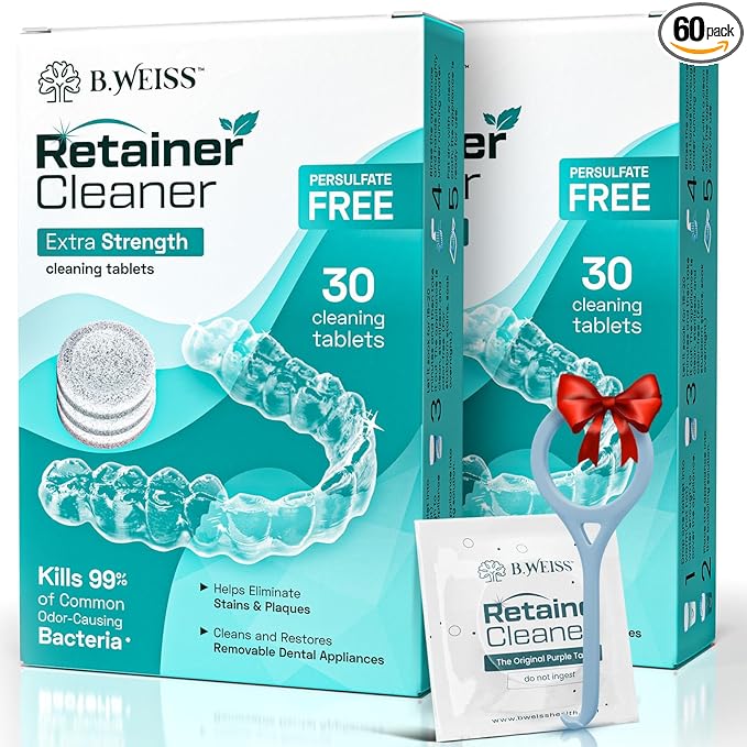 Weiss Naturals Retainer Cleaner Tablets, Invisalign Cleaner, Remove Stains, Odors & Plaque, PERSULFATE FREE Night Guard & Denture Cleaner 2-Month Supply, 60 Mint Scented Tablets