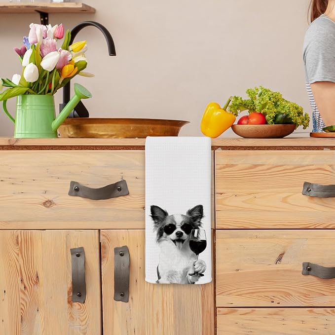 Funny Papillon Wine Kitchen Towels, Gifts for Dog Wine Lovers, Bar Accessories Dish Tea Towels for Kitchen, Dog Owners Housewarming Gift Decorative Hand Towel 16x24 Inch