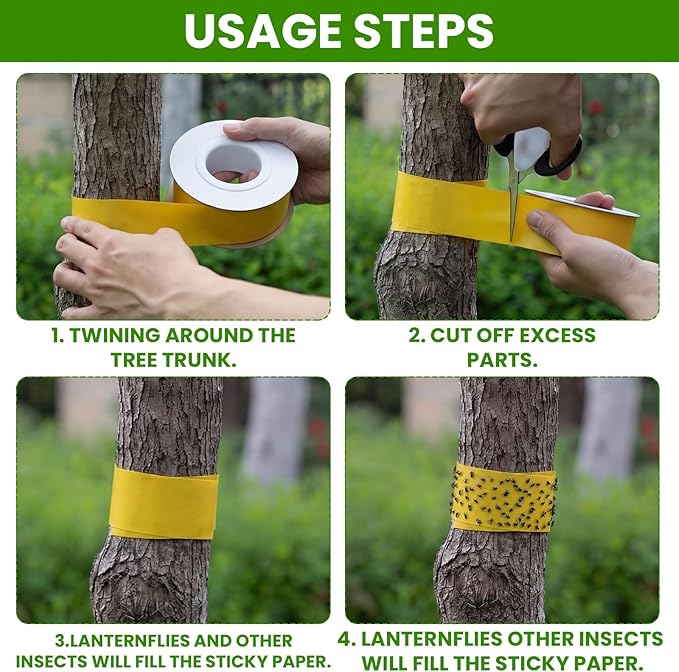 2 Rolls Double-Sided Yellow Sticky Tree Tape 2 Inch Wide x 330 Ft Spotted Lantern Fly Trap for Outdoor Indoor Trees Fruit Plants Gardens Pest Control for Aphids Ants Moths