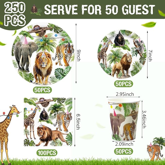 Pickmesh 250 Pcs Jungle Birthday Party Supplies Decorations Serve 50 Safari Animals Disposable Paper Plates Napkins and Cups Jungle Wild Animals Zoo Safari Baby Shower Birthday Wedding Party Supplies