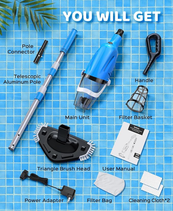 Pool Vacuum for Above Ground Pool with 78.7" Telescopic Pole, 80Min Runtime | Handheld Cordless Pool Cleaner with 18.5 Gallons/min Suction for Pools, Hot Tubs, Spas