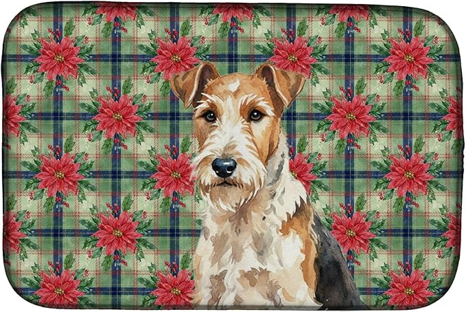 Caroline's Treasures Wire Fox Terrier Christmas PoinsettIas Dish Drying Mat Absorbent Dish Drying Mat Pad for Kitchen Counter Dish Drainer Mat for Countertop, 14 x 21", Multicolor