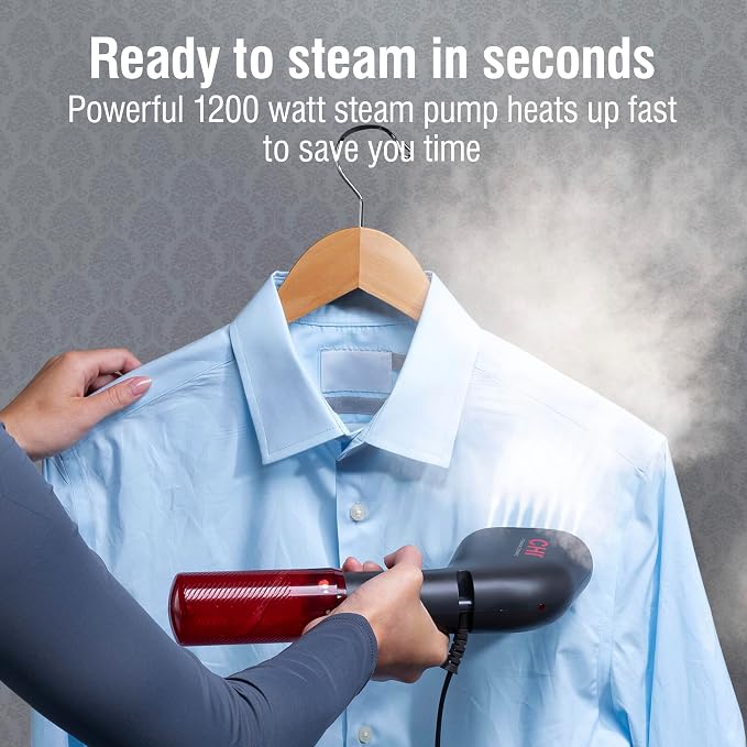 CHI Collapsible Travel 2-in-1 Handheld Garment Steamer & Steam Iron for Clothes, 1200 Watts, 120 ml Water Tank, 6 Minutes of Steam, Fast Heatup, 10' Cord, Black