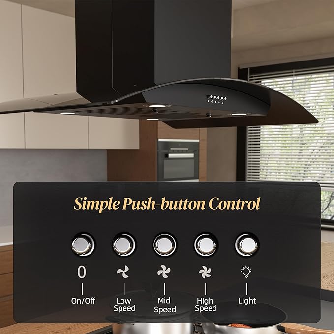 FIREGAS 36 inch Island Range Hood 700 CFM, Ducted/Ductless Convertible Stove Hood3-Speed Fan, LED Lights, Button Control Ceiling Mount Range Hood Vent for Kitchen