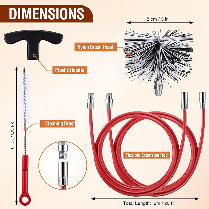 Feekoon Pellet Stove Cleaning Kit, 20 FT Flexible Steel Rod with 3" Brush Head, Flue Detail Cleaner, Pellet Stove Accessories for Vent Pipes Cleaning - Reduce Buildup & Improve Airflow