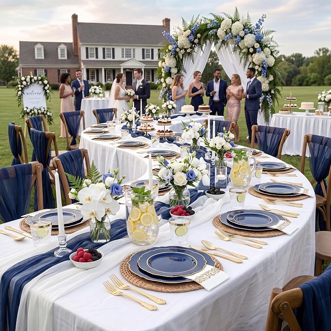 KIRE 210Pcs Navy Blue Plastic Plates - Blue and Gold Plates Disposable - 30guest Baroque Plastic Dinnerware for Upscale Wedding/Parties/4th of July