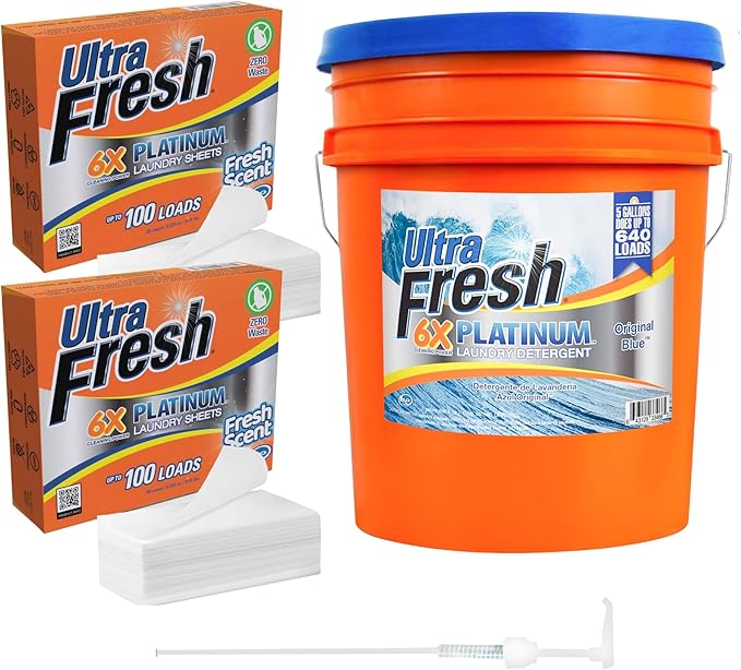 Ultra Fresh 6X Platinum 5 Gal Laundry Detergent, Original Blue Bundled with 2 Pack Platinum 6X Laundry Detergent Sheets with Fresh Scent