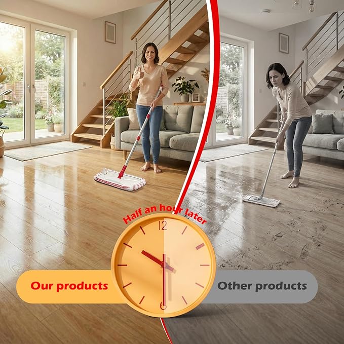 OZD Flat Mops for Floor Cleaning , with 5 Reusable 16x9in Dual-Fiber Mop Heads, Remove Stubborn Stains, Wet and Dry Use, Suitable for Hardwood, Tile, Laminate Flooring etc, Red