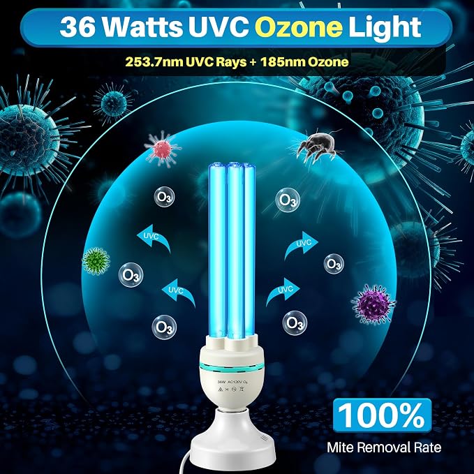 Qualirey 36 Watts UVC Ozone Light with Remote Control and UV Glasses, UV Lamp with E26 Base, 3 Gear Timer 15/30/60 Minutes, UVC Light Bulb for Basement, Bedroom, Kitchen, Storehouse, Car