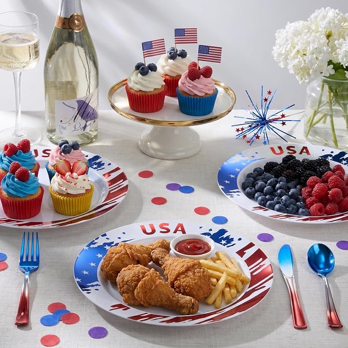 BESTVIP 50Pcs 4th of July Plastic Plates - Patriotic Red White Blue Disposable Plates with USA Pattern for Independence Day Memorial Day Party Supplies