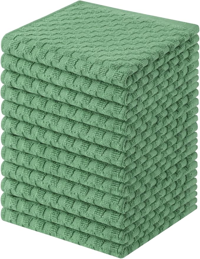 Homaxy 100% Cotton Terry Kitchen Dish Cloths, Ultra Soft Absorbent Dish Towels with Hanging Loop, Pineapple Grid Designed, 12 x 12 Inches, 12-Pack, Grass Green