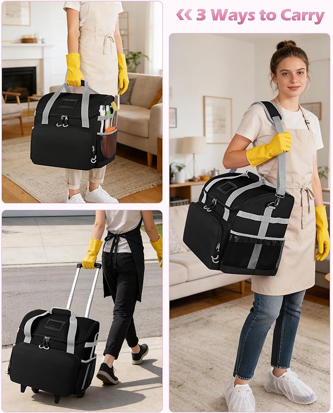 Marscamd Large Rolling Cleaning Caddy Bag with Detachable Trolley, Cleaning Supplies Organizer with Wheels for Housekeepers, Black