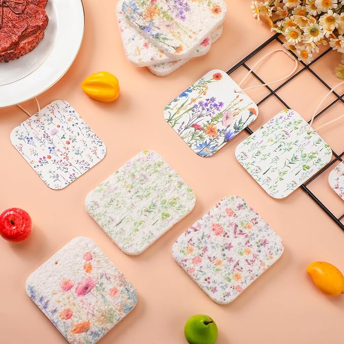 Hahafelt 72 Counts Compressed Cellulose Sponges Bulk Craft Pop up Wildflower Pattern Natural Kitchen Compostable Non Scratch Dish Sponges for Washing Dishes, Cleaning Countertop Sink