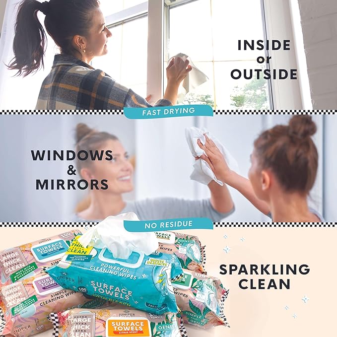 Juniper CLEAN Single Surface Cleaning Wipes Bleach Free, Thick & Large Dispose, All-Purpose Cleaner for Bathroom, Kitchen, Office, 100 Count Soft Flow, Biodegradable, Juniper Scent
