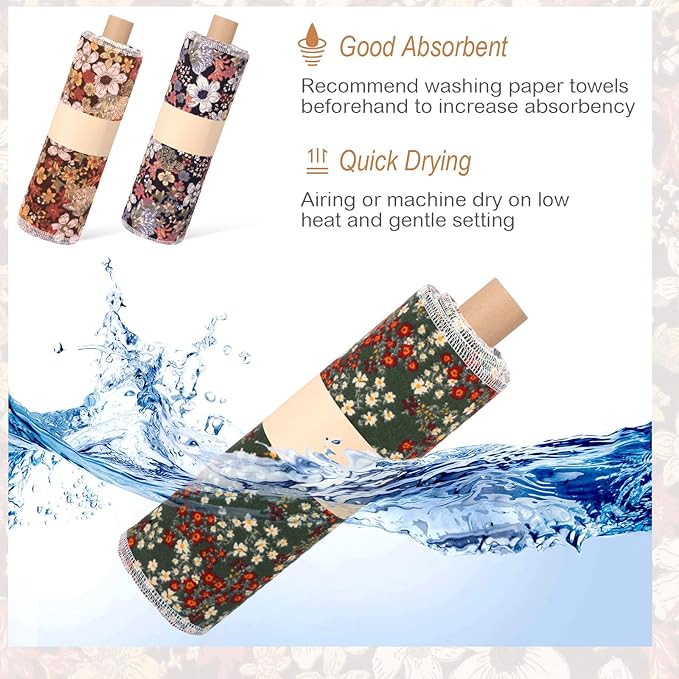 Redbaker 50 Pcs Reusable Paper Towels Paperless Reusable Cotton Cloths Toilet Absorbent Washable Paper Towels with Roll Kitchen Dishcloth for Kitchen Paperless Dishcloths (Flowers)