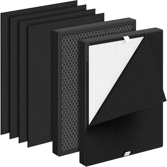 2 Pack T555 Replacement Filter and 6 Washable Pre-Filters Compatible with Trucozie T555 Air Purifier, 3-in-1 True HEPA Filter with Activated Carbon, Original Filter