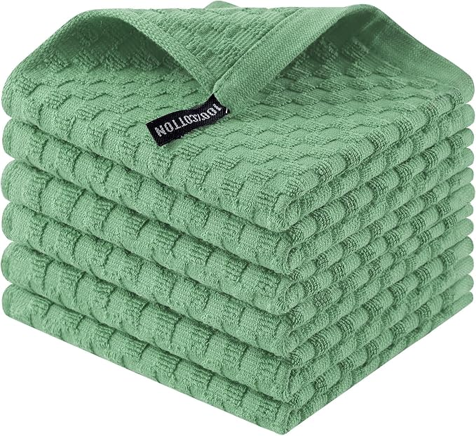 Homaxy 100% Cotton Terry Kitchen Dish Cloths, Ultra Soft Absorbent Dish Towels with Hanging Loop, Pineapple Grid Designed, 12 x 12 Inches, 6-Pack, Grass Green