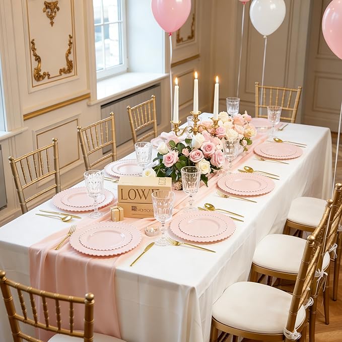60PCS Pink Plastic Plates - Fancy Disposable Beaded Pink Plates Include 30 Dinner Plate 10’’ & 30 Dessert Disposable Plate 7’’ for Birthday, Baby Shower Spring, Wedding, Party & Mother's Day