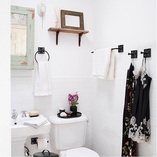Autumn Alley Matte Black Farmhouse Bathroom Set – 5-Piece Hardware Kit with Towel Ring, TP Holder, Hooks & Metal Step Trash Can with Lid for Rustic, Modern Bathroom Décor