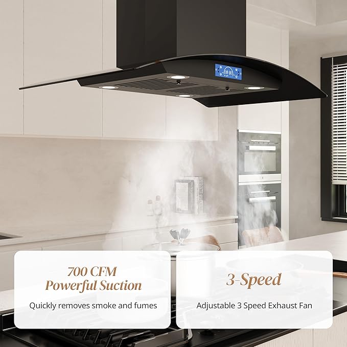 FIREGAS Black Island Range Hood 36 Inch, 700 CFM Ductless/Ducted Ceiling Mount Range Hood with 3 Speed Fan, Gesture, Remote & Touch Control, LED Light Vent Hood for Kitchen