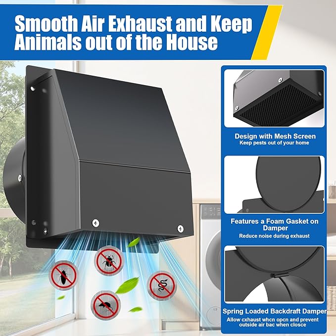 12 Inch Heavy Duty Dryer Vent Cover, Hooded Wall Vent with Damper & Screen, Black Galvanized Steel Exhaust Vent Cover Cap for Large Dryer, Kitchen, Range Hood, AC, HVAC Exhaust - Easy Install