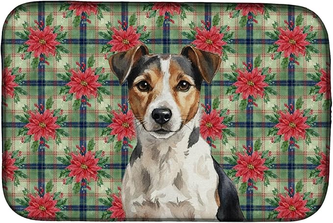 Caroline's Treasures Tricolor Russell Terrier Christmas PoinsettIas Dish Drying Mat Absorbent Dish Drying Mat Pad for Kitchen Counter Dish Drainer Mat for Countertop, 14 x 21", Multicolor