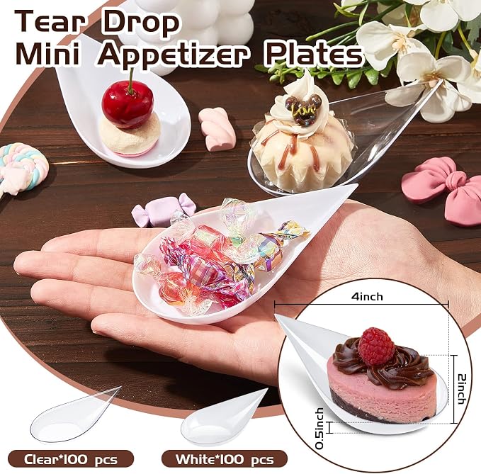 Tessco for you 200 Pcs 4" Tear Drop Appetizer Spoons Mini Appetizer Plates Reusable Tasting Spoons Plates Catering Supplies Disposable for Serving Small Desserts Cakes Bowls (White,Clear)