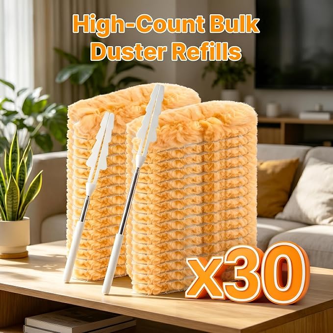30PCS Duster Refills Compatible with Swiffer Dusters, 360 Heavy Duty Duster with 2 Extendable Handles for Ceiling Fan & Everyday Cleaning, Microfiber Duster for High Ceilings, Lamps, Furniture, Blinds