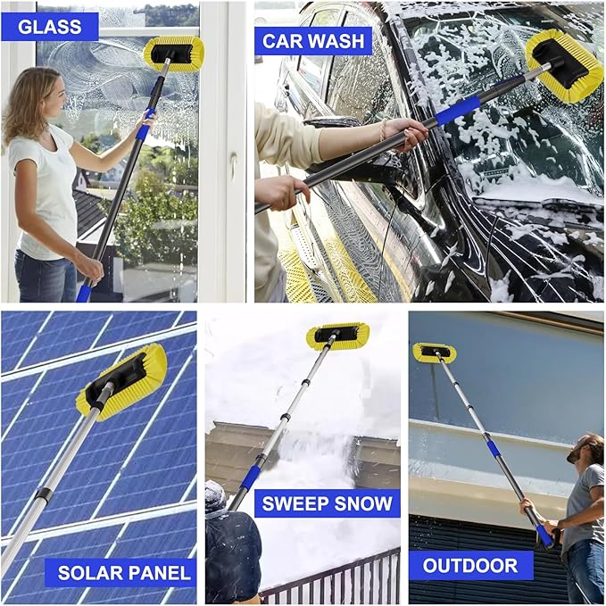 Buyplus 26FT Reach Car Wash Brush with Long Handle, 12-Inch Soft Bristle Head, Truck Wash Brush with 5-20FT Telescoping Pole, Car Washing Brush for Cleaning Car, SUV, RV, Boats, Solar Panels Blue