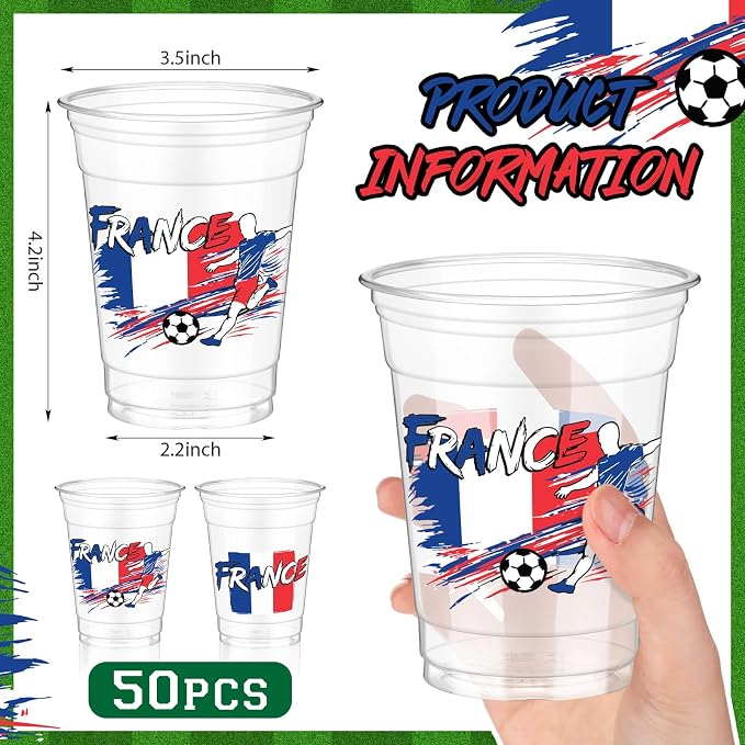 Jingmore 50 Pcs Soccer Plastic Cups 12 oz International Countries Soccer Disposable Plastic Cups Thick Clear Drinkware for Sports Games Party Supplies (France)